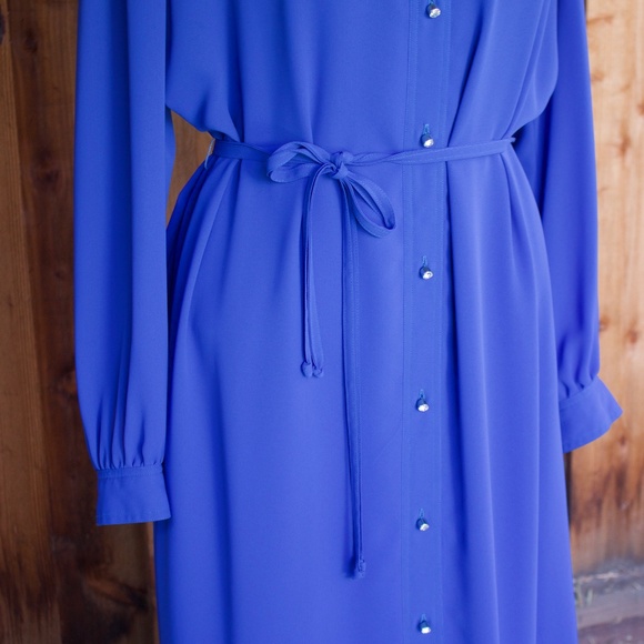 Vintage I. Magnin Blue Long Sleeve Midi Shirt Dress Jewel Buttons Woman's Size L - Picture 5 of 16